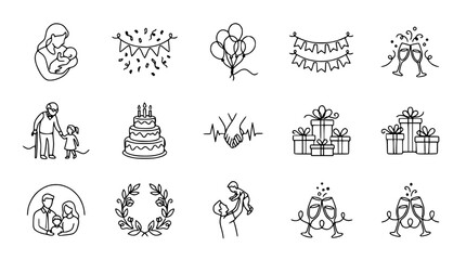 Obraz premium Hand-drawn celebration icons set: family, gifts, cake, balloons, confetti, champagne