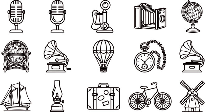 Collection of vintage travel and communication featuring a microphone, globe, gramophone, hot air balloon, and old sailing ship