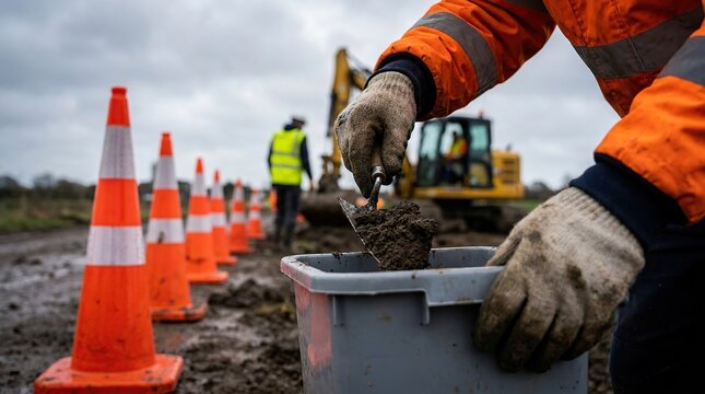 Construction worker using trowel to scoop soil from bucket on job site surrounded by safety cones
