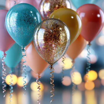 Colorful festive balloons with glitter confetti floating against soft bokeh lights creating a joyful and celebratory atmosphere for party decoration ideas