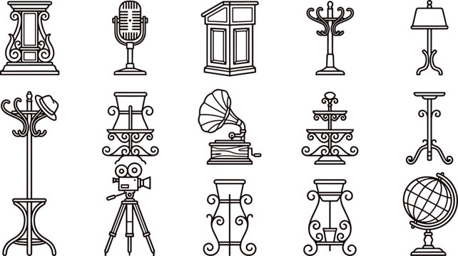 Set of fifteen vintage furniture and display line featuring pedestals, microphones, lecterns, coat racks, and antique globes