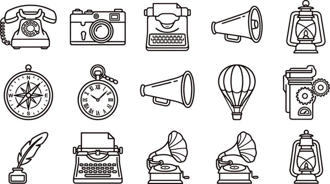 Set of fifteen vintage communication and exploration line featuring telephones, cameras, typewriters, megaphones, and gramophones