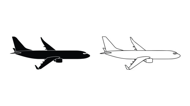 Commercial airplane silhouette and outline vector set, passenger jet aircraft icons, flying plane side view for travel and aviation design