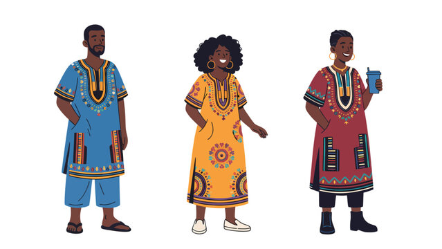 Three people in traditional African dashiki clothing, standing and smiling.