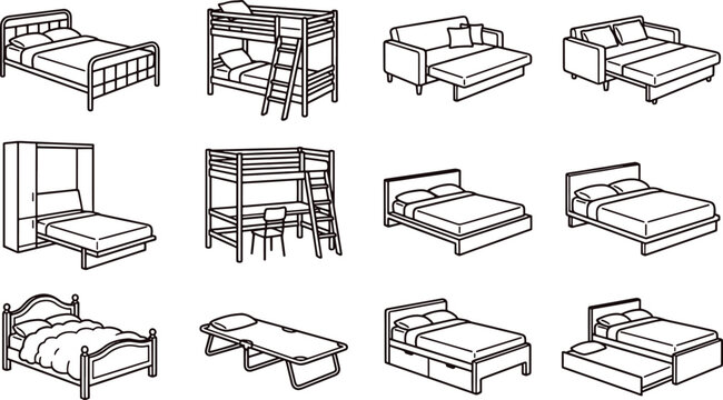 Assorted bed and sleeping furniture including metal frame beds, bunk beds, sofa beds, wall beds, trundle beds, and single folding cots