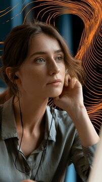 Young woman with headphones listening to music and looking thoughtfully into the distance
