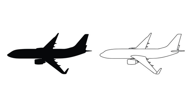 Airplane silhouette and outline vector set, commercial jet aircraft icons, passenger plane flying side view, aviation transport graphics