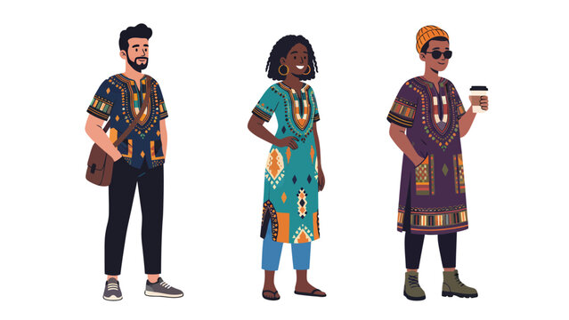 Three diverse people wearing colorful African dashiki shirts and traditional patterns, standing confidently.