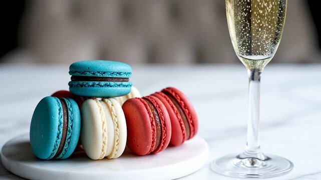 Gourmet Plate Of Colorful French Macarons Paired With Sparkling Wine On Marble Surface For Celebration Theme