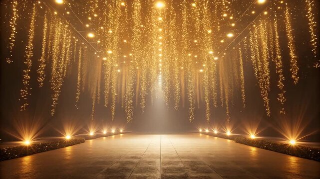 Golden glitter particles falling in a dramatic spotlight runway with elegant bokeh lights during a festive celebration