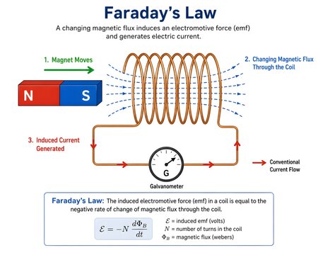 Faraday&rsquo;s Law Explained with Magnet and Coil Interaction Physics Graphic