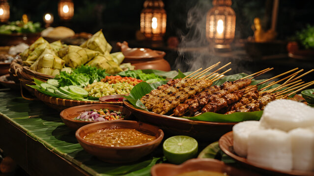 Traditional Malaysian Satay and Ketupat Dinner with Warm Lanterns
