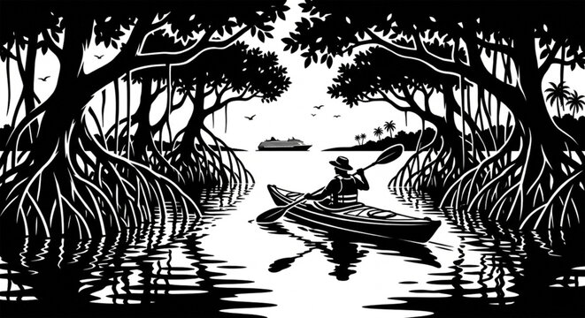 Black and white, vector illustration of kayaking, through mangrove forest, serene landscape