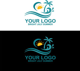 Naklejka premium A bright summer scene with sun palm trees waves on a logo design for a travel company