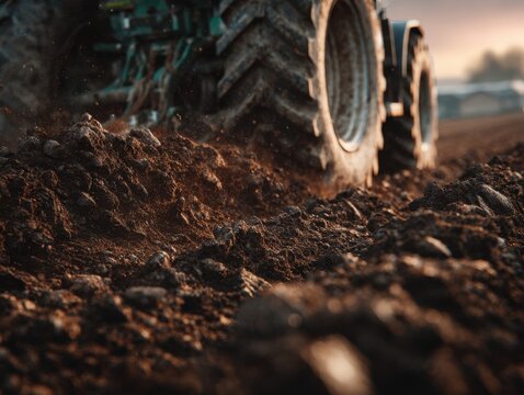 Tractor tires turning rich soil on a farm field during golden hour preparing the earth for planting crops in a rural agricultural landscape