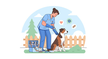 Fototapeta premium Veterinarian Giving Shot to Dog Outdoors - Pet Healthcare Illustration