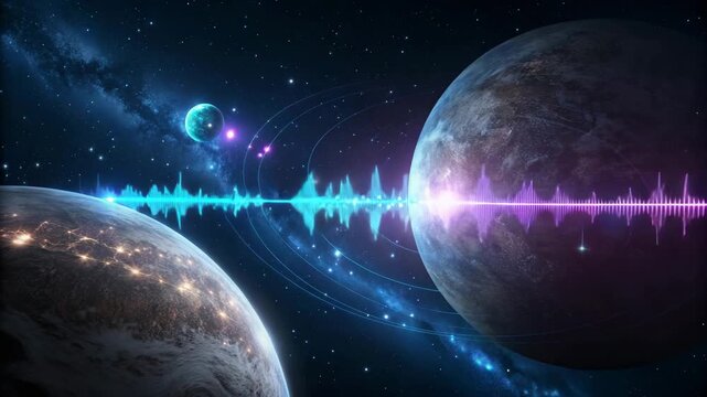 Planetary orbit with cosmic nebula and abstract sound wave energy beam during celestial event digital animation