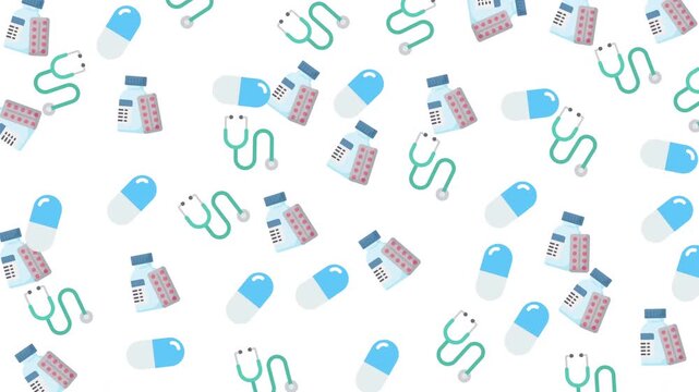 Animated seamless healthcare pattern featuring medical pills, medicine bottles, stethoscopes, and pharmaceutical icons. Ideal for healthcare, pharmacy, hospital, and medical projects.
