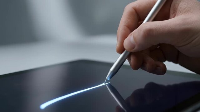 Hand stylus tablet screen digital drawing strategic navigation workflow precise creative line on reflective touchscreen workspace