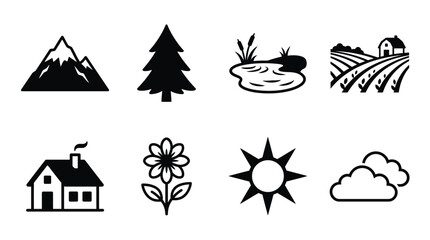 Vector nature rural life icons set featuring mountain, pine tree, pond, farm field, house, flower, sun, cloud, landscape, vegetation, weather, countryside, habitat