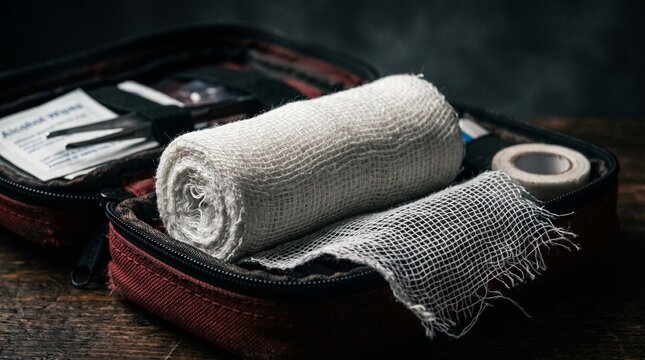 Close-up of a first aid kit containing gauze bandages and medical supplies on a wooden table.