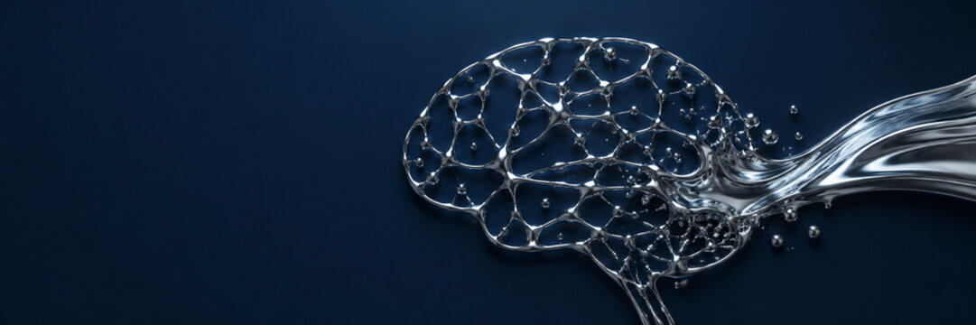 Liquid silver metal flowing into a brain network shape over dark blue