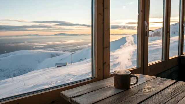 Steaming coffee cup on wooden table overlooking snowy mountain vista during sunrise warm glow