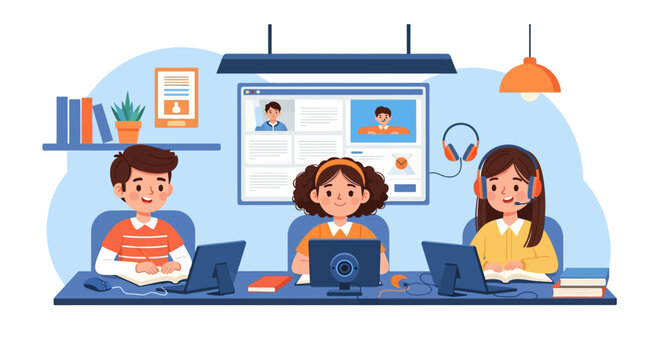 Children learning online together in a classroom setting.