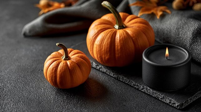Two fresh orange pumpkins resting on a rustic dark surface near a draped black cloth.