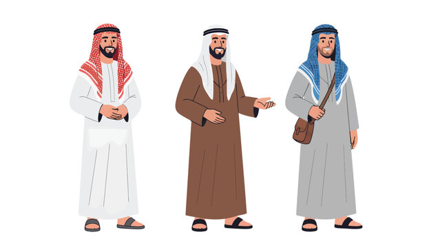 Three Arab men in traditional clothing standing together against a white background, representing culture and diversity.