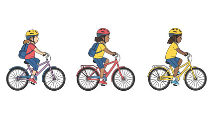 Fototapeta premium Three diverse children wearing helmets and backpacks riding bicycles on a white background.