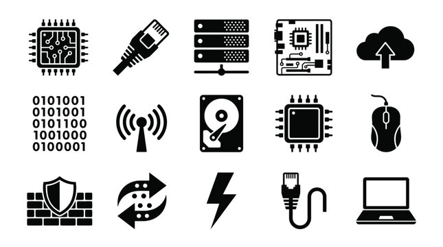 Vector computer technology icons set featuring microchip, Ethernet cable, server rack, cloud, binary code, wireless signal, hard drive, firewall shield, laptop, mouse, data transfer arrows