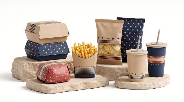Modern takeaway food packaging assortment featuring burger boxes, paper cups, fries, and eco-friendly containers.