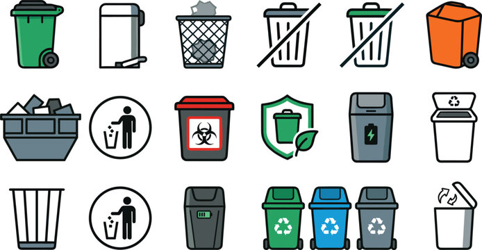 Waste Management and Ecological Garbage Bin Icon Set with Recycling Stations Dumpsters Biohazard Containers and Public Litter Signs for Environmental Sustainability Vector Designs