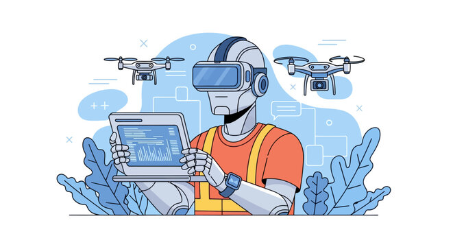 Robot wearing VR headset controls drones with tablet technology.