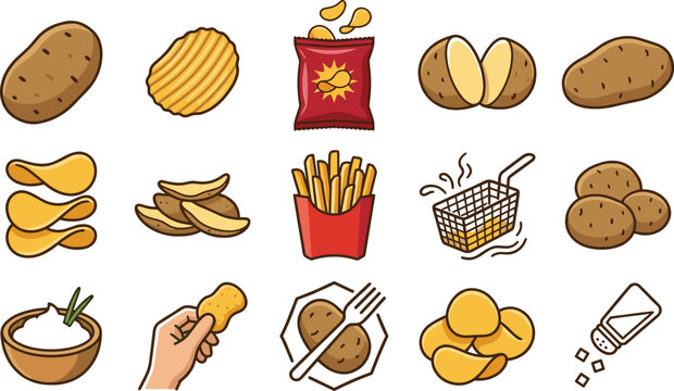 Potato snack and fast food icon collection featuring chips, french fries, baked potatoes, fried snacks, and crispy comfort food favorites