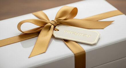 Fototapeta premium Premium gift box with golden ribbon and tag showing e commerce evolution in logistics for elegant delivery and celebration
