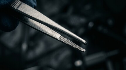 Naklejka premium Surgical forceps held by a doctor or surgeon in a moody, cinematic operating room setting.