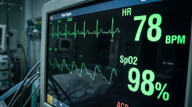 Close-up of a medical vital signs monitor displaying heart rate and oxygen saturation in a dark hospital ICU room.