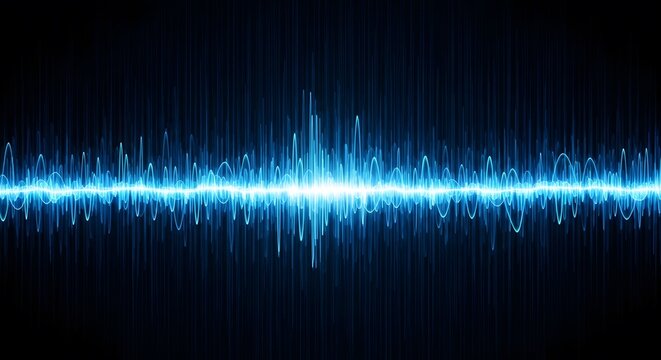 Digital frequency wave background, glowing blue and cyan signal waves flowing horizontally