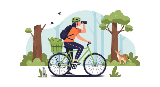 Person riding bicycle looking through binoculars in nature.