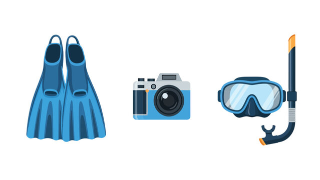 Set of scuba diving equipment including fins, a camera, and a snorkel mask, isolated on a white background.
