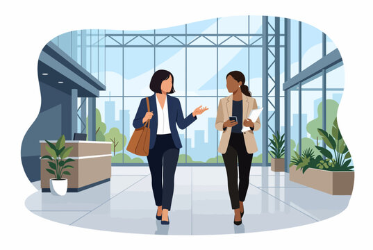 Two businesswomen walking and talking in modern office lobby atrium