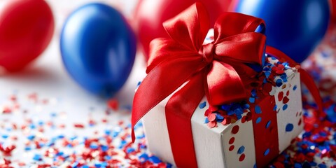 Obraz premium Patriotic celebration background with gift box, vibrant balloons and festive confetti in national colors.