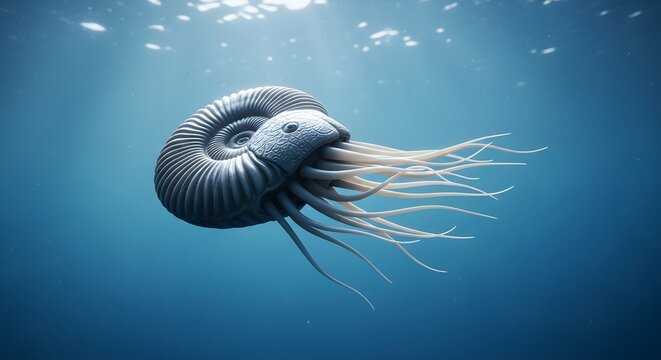 Ammonite shell creature with jellyfish tentacles in ocean
