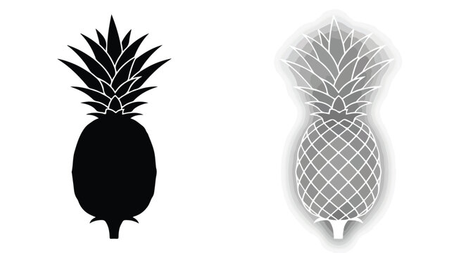 Minimalist pineapple vector icons, black silhouette and white line art tropical fruit set, modern exotic food symbols for branding and logo design