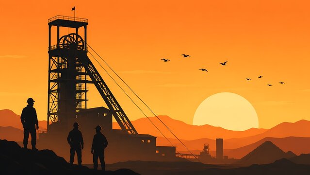 Mining headframe silhouette at sunset with miners beside cables against orange sky