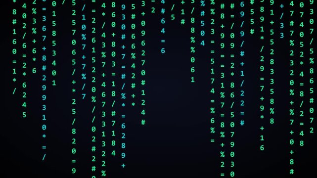 Digital matrix rain animation background, with falling green, binary code data stream