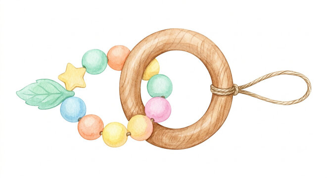 Japanese Baby Teether Hagatame Wooden Ring Toy Watercolor Illustration