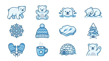 Cute polar bear icons collection, winter theme, arctic animals, snowflake, igloo, hot drink © nia